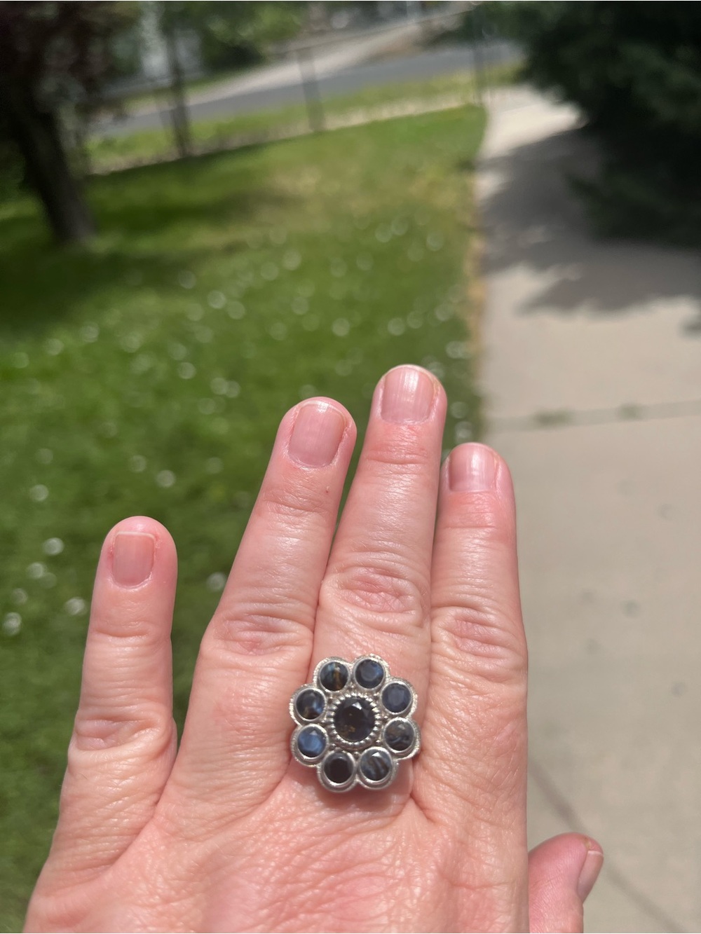 Sterling Silver Floral Blue Stone Ring - Blue